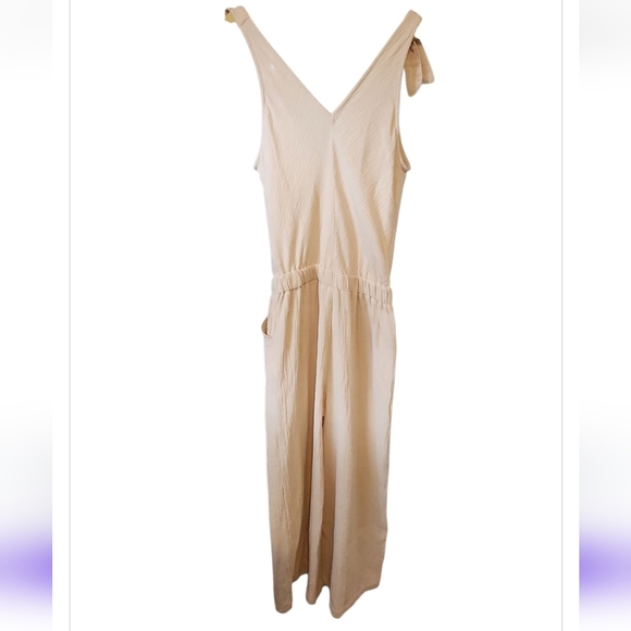 4OUR Dreamers ANTHROPOLOGIE Women's tan jumpsuit SMALL tie Top Wide Leg Ankle - Picture 5 of 8